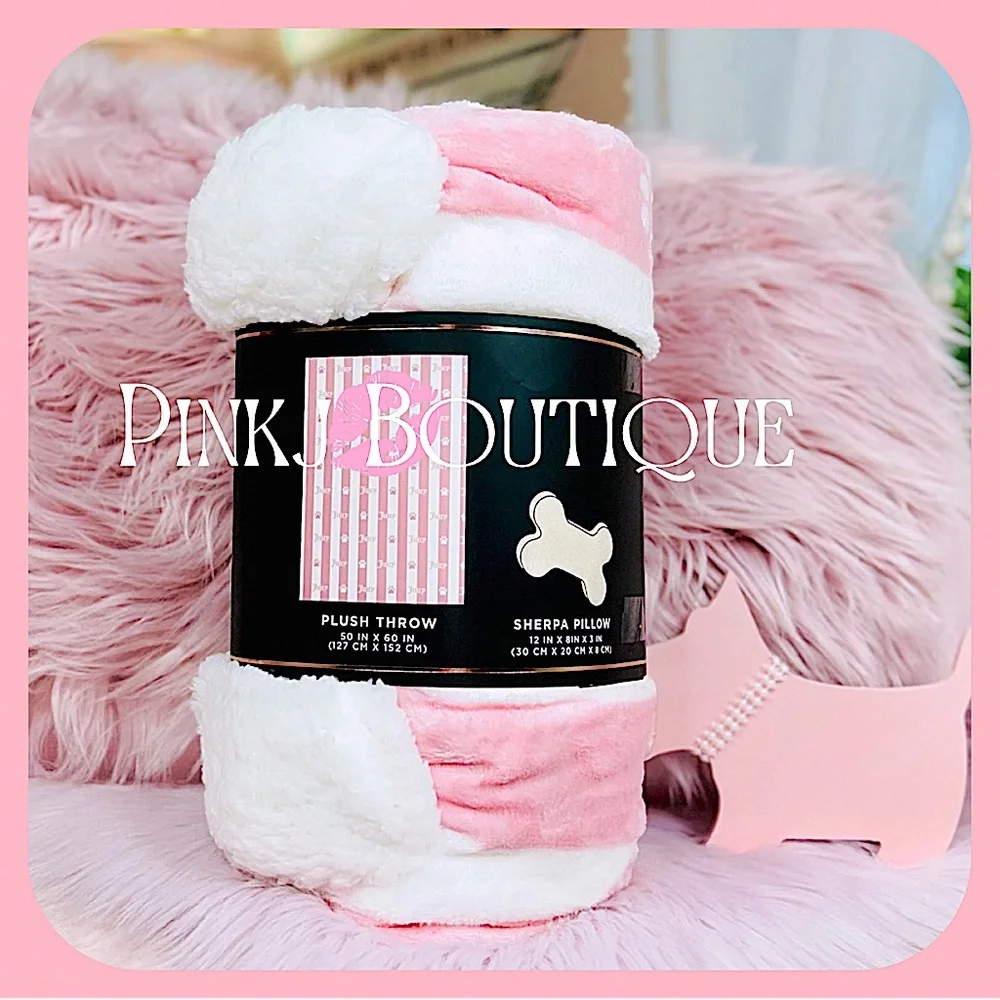 💗🐾 2pc {Juicy Couture} Pink Stripe {Paws} Throw Blanket+Bone Shape Pillow Set!